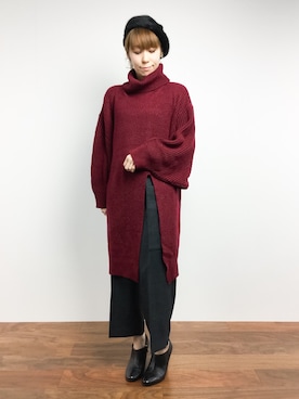 「アイテム（チュニック、レッド系）」を使った、SUBさん（レディース・154cm）の冬コーディネート