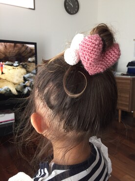「Handmade（ハンドメイド）のアイテム（ヘアゴム、ピンク系）」を使った、♡Ricca♡さん（キッズ・100cm）の夏コーディネート