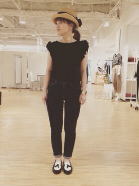 「Ｏmekashiのアイテム（Tシャツ/カットソー、ブラック系）」を使った、hiranoさん（レディース・153cm）の夏コーディネート