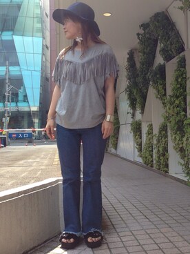 「mystic（ミスティック）の【Omekashi】フリンジカットTシャツ（Tシャツ/カットソー、グレー系）」を使った、hiranoさん（レディース・153cm）の夏コーディネート