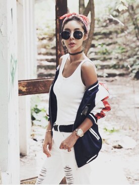 「model」｜「アイテム（ノーカラージャケット）」を使った、ANWAIIさん（レディース・165cm）の夏コーディネート