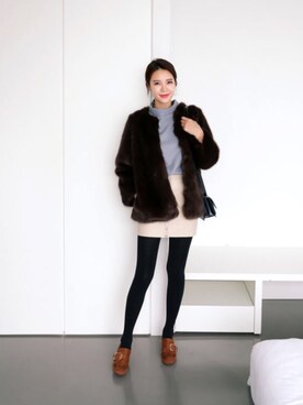 「model」｜「アイテム（ノーカラージャケット）」を使った、ANWAIIさん（レディース・168cm）の冬コーディネート