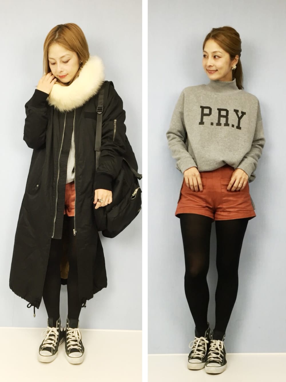 「ママコーデ、FOREVER 21、コンバース、SLY、スヌード、ファー小物、リュック、ロングMA-1、MA-1」｜「FOREVER 21のアイテム（ナイロンジャケット、ブラック系）」を使った、mikiviciousさん（レディース・162cm）の冬コーディネートの1枚目の写真