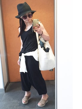 「Y-3（ワイスリー）のアイテム（つなぎ/オールインワン）」を使った、Hiroko  Satou Hiyamaさん（レディース・152cm）の夏コーディネート