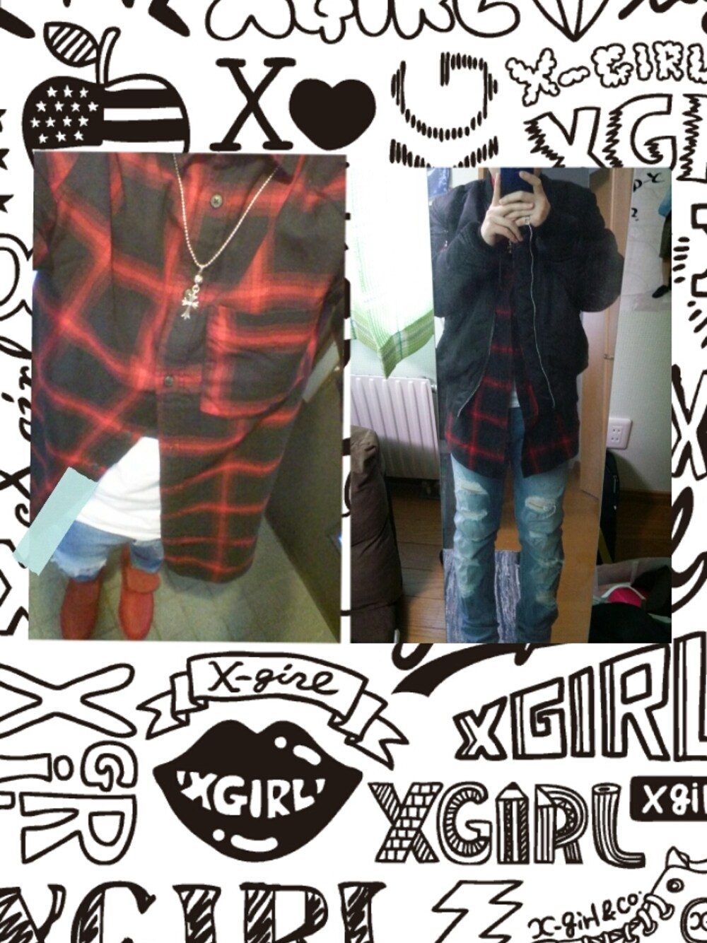 ブラック系のその他アウター、レッド系のシャツ/ブラウス、ブルー系のデニムパンツを着用したメンズの冬コーディネートの1枚目の写真