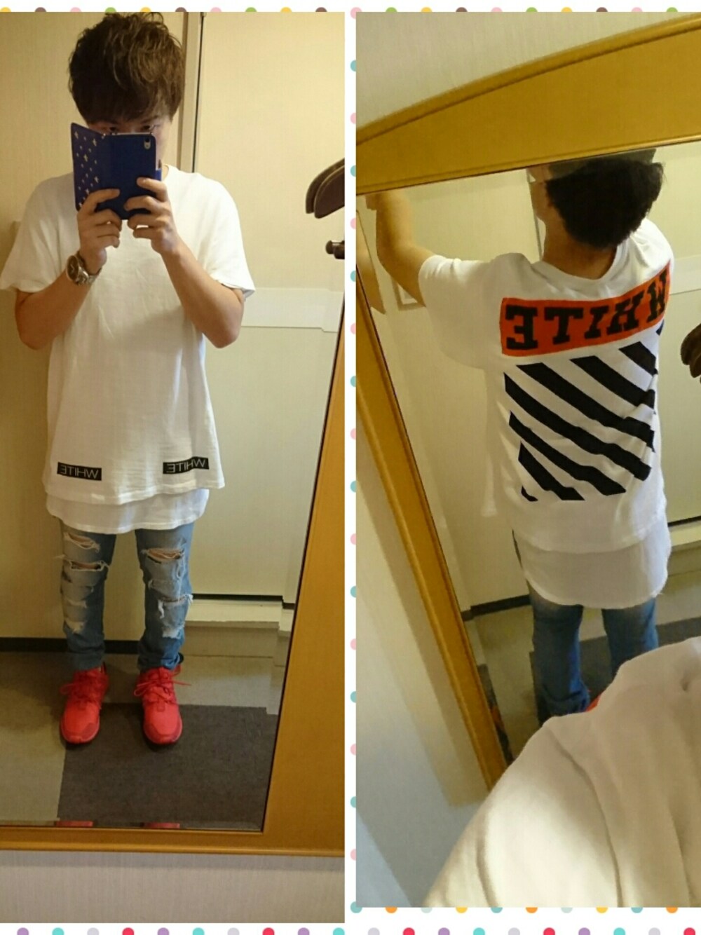 ブルー系のデニムパンツ、ホワイト系のTシャツ/カットソー、ホワイト系のTシャツ/カットソーを着用したメンズの夏コーディネートの1枚目の写真