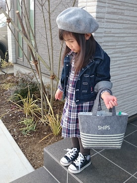 「アイテム（ハット、ブルー系）」を使った、little-hopeさん（キッズ・100cm）の冬コーディネート