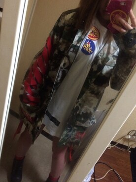 「OFF-WHITE」｜「アイテム（ミリタリージャケット）」を使った、YUFUさん（レディース・153cm）の夏コーディネート