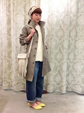 「アイテム（トレンチコート、グリーン系）」を使った、谷本さん（レディース・152cm）の冬コーディネート