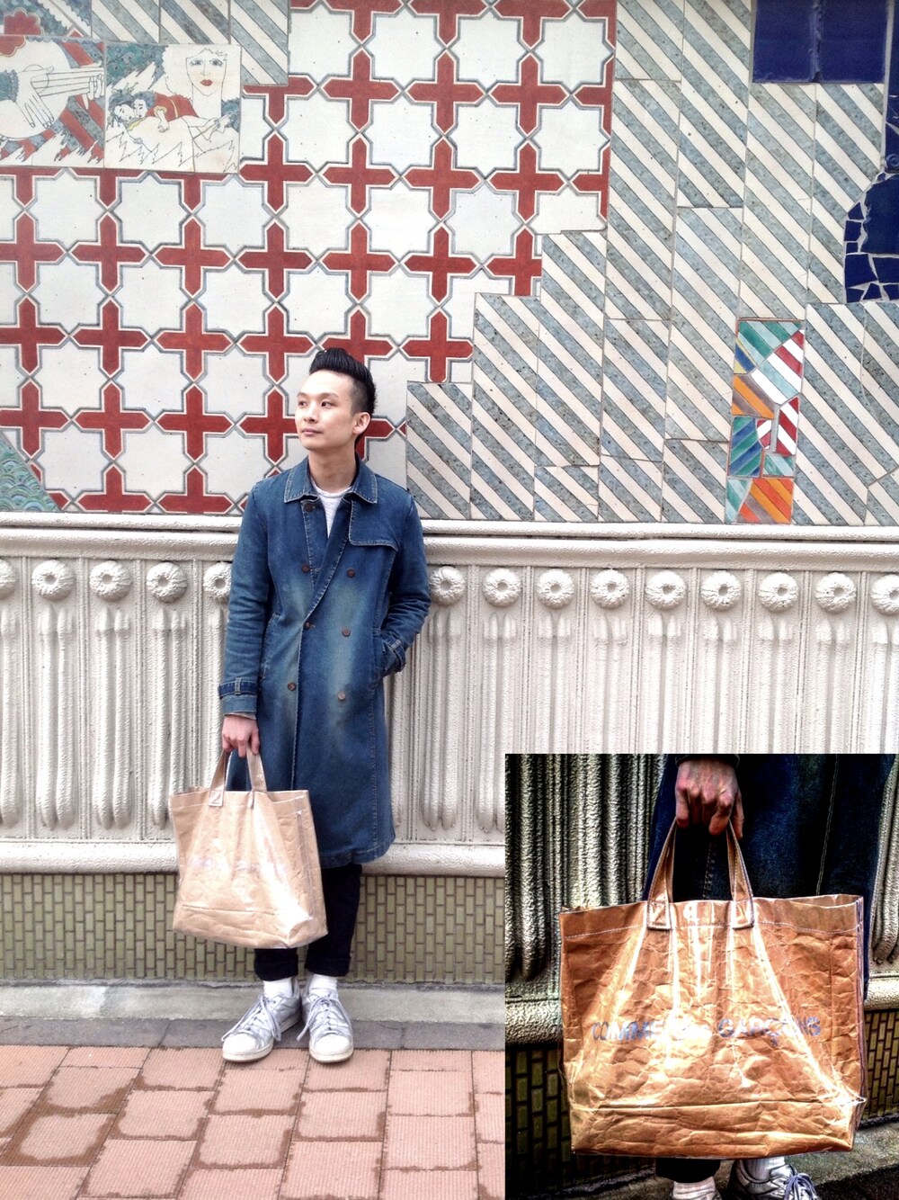 ベージュ系のトートバッグ、シルバー系のスニーカー、ブラック系のスラックスを着用したメンズの冬コーディネートの1枚目の写真