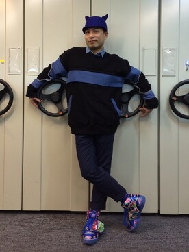 「adidas by jeremyscottのアイテム（スニーカー、ブルー系）」を使った、k1amさん（メンズ・168cm）の冬コーディネート