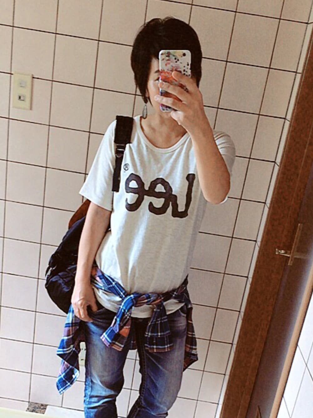 「PORTER、タンカー、LEE、rodeo crowns、moussy」｜「Leeの半袖Tシャツ（Tシャツ/カットソー、ベージュ系）」を使った、さぼまま㊻さん（レディース・158cm）の夏コーディネートの1枚目の写真