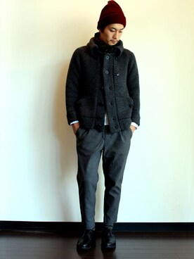 「melple（メイプル）のアイテム（パンツ）」を使った、miyachiさん（メンズ・174cm）の冬コーディネート