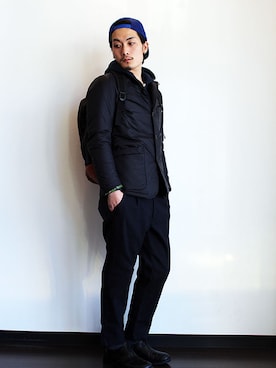 「melple（メイプル）のアイテム（パンツ）」を使った、miyachiさん（メンズ・174cm）の冬コーディネート