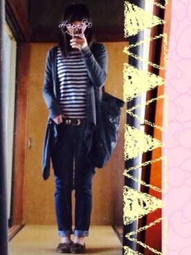 「coen（コーエン）のスラブ天竺ボーダーカットソー（Tシャツ/カットソー、ブルー系）」を使った、atty,,,さん（レディース・163cm）の秋コーディネート