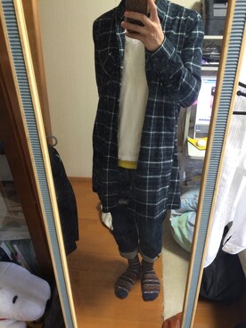「HARE（ハレ）のキモウチェックロングシャツ【HARE】（シャツ/ブラウス、グリーン系）」を使った、yujiさん（メンズ・173cm）の秋コーディネート