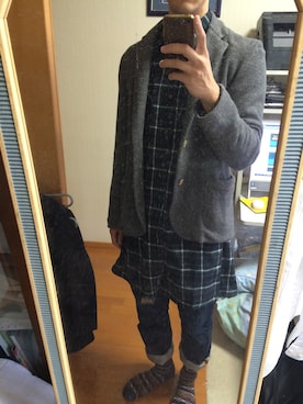 「HARE（ハレ）のキモウチェックロングシャツ【HARE】（シャツ/ブラウス、グリーン系）」を使った、yujiさん（メンズ・173cm）の秋コーディネート
