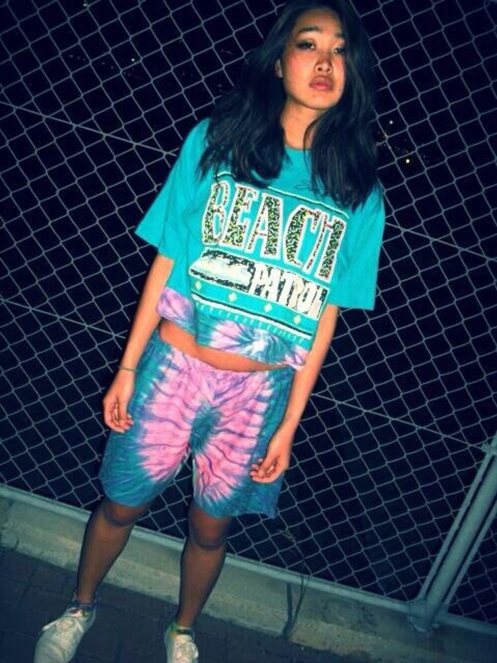 「SETUP、タイダイ柄、リメイク、street、90’s」｜「SSD 
REMAKE TIEDYE PANTS（その他パンツ、その他）」を使った、SWIVEL SLUM DIVEさん（レディース・165cm）の夏コーディネートの1枚目の写真