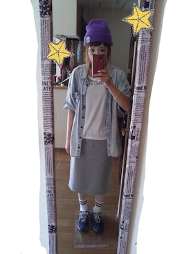 「ひざ丈スカート」｜「アイテム（ニットキャップ/ビーニー）」を使った、minakoさん（レディース・160cm）の夏コーディネート