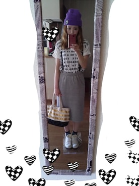 「ひざ丈スカート」｜「アイテム（ニットキャップ/ビーニー）」を使った、minakoさん（レディース・160cm）の夏コーディネート