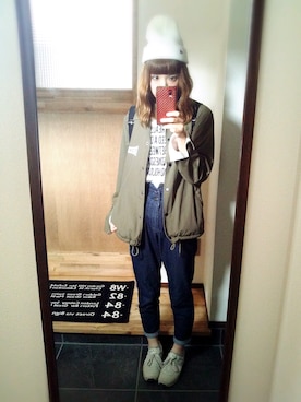 「アイテム（ナイロンジャケット、グリーン系）」を使った、minakoさん（レディース・160cm）の夏コーディネート