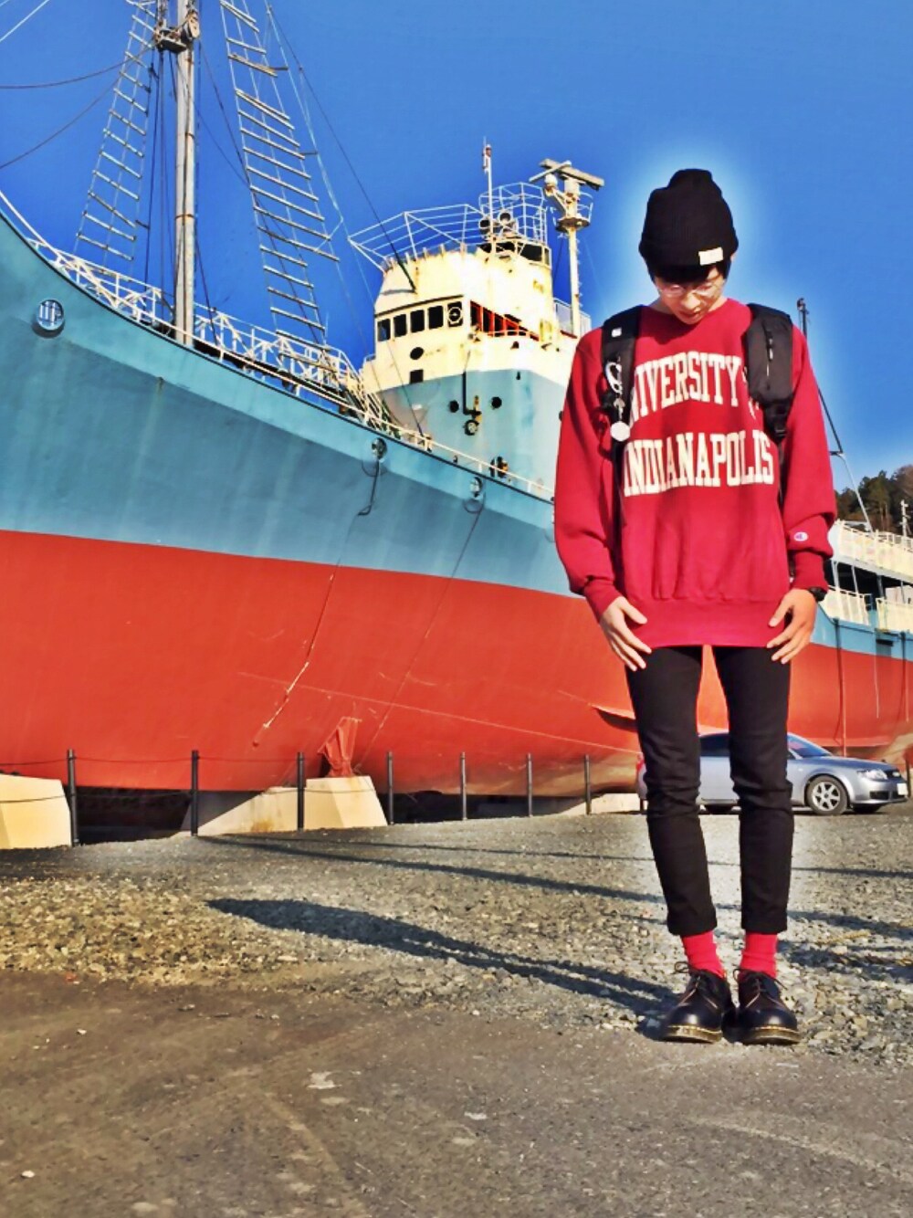 「as2ov、Champion、Dr.Martens、1925 5400、utah、古着、網地島、トレーナー、リバースウィーブ、vintage」｜「AS2OVの【AS2OV】CORDURA DOBBY 305D BACK PACK（バックパック/リュック、ブラック系）」を使った、タカティンさん（メンズ・173cm）の冬コーディネートの1枚目の写真