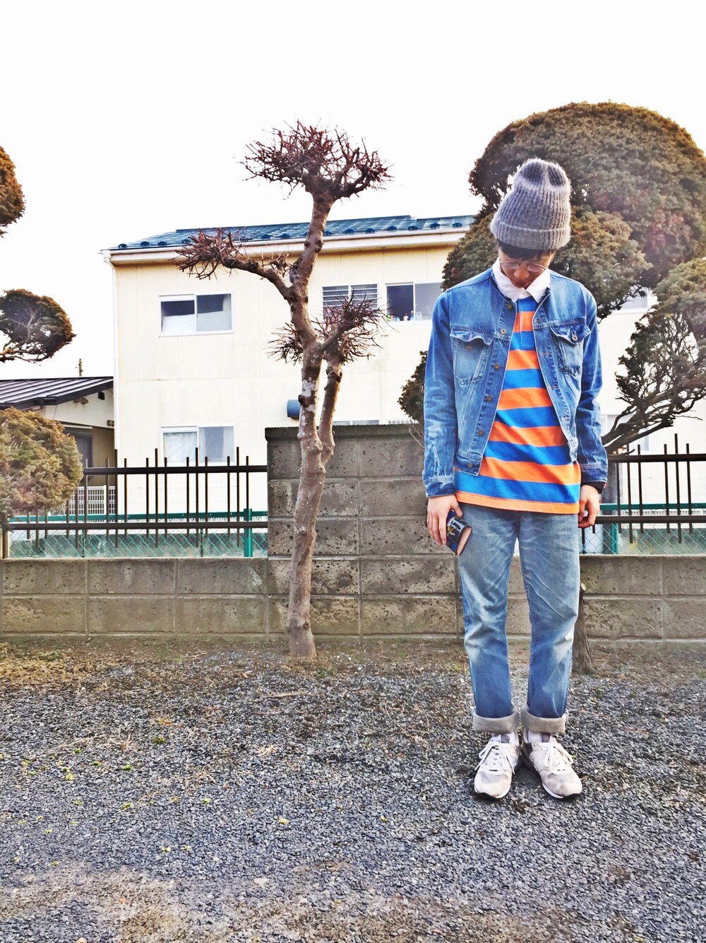 「POLO、Gジャン、デニムオンデニム、丸メガネ、G-SHOCK、macromauro、New Balance、vintage、モヘアニット、utah」｜「macromauroのアイテム（財布、ブラック系）」を使った、タカティンさん（メンズ・173cm）の冬コーディネートの1枚目の写真