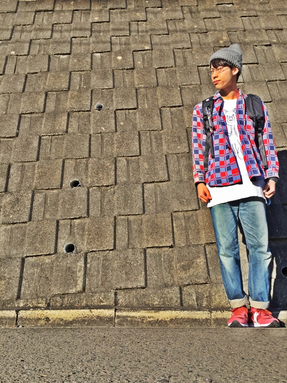 「as2ov、HARE、utah、saucony、丸メガネ、Levi's、501、1950s、vintage、G-SHOCK」｜「AS2OVの【AS2OV】CORDURA DOBBY 305D BACK PACK（バックパック/リュック、ブラック系）」を使った、タカティンさん（メンズ・173cm）の春コーディネートの1枚目の写真