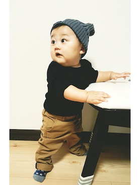 「H&M（エイチ・アンド・エム）のアイテム（その他パンツ、ベージュ系）」を使った、asa0308さん（キッズ・70cm）の秋コーディネート