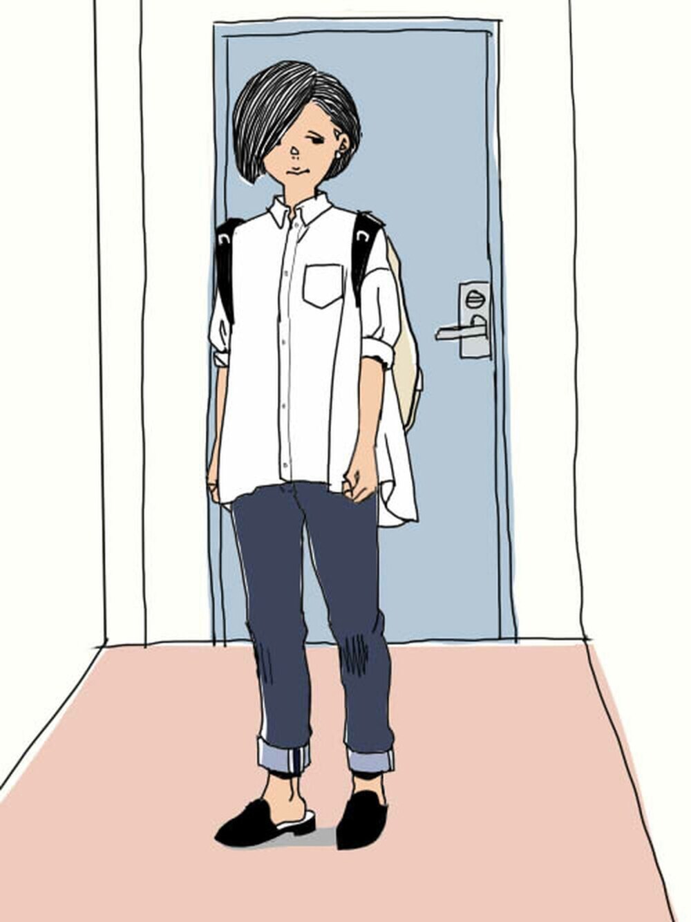 「リュック、 シャツ、 デニム、パンツスタイル、ラクチンコーデ、変形トップス、イラスト、イラストレーター、ファッションイラスト、イラストコーデ」｜「note et silence の細コール　フレアーSH（シャツ/ブラウス、ホワイト系）」を使った、いぷよさん（レディース・156cm）の春コーディネートの1枚目の写真