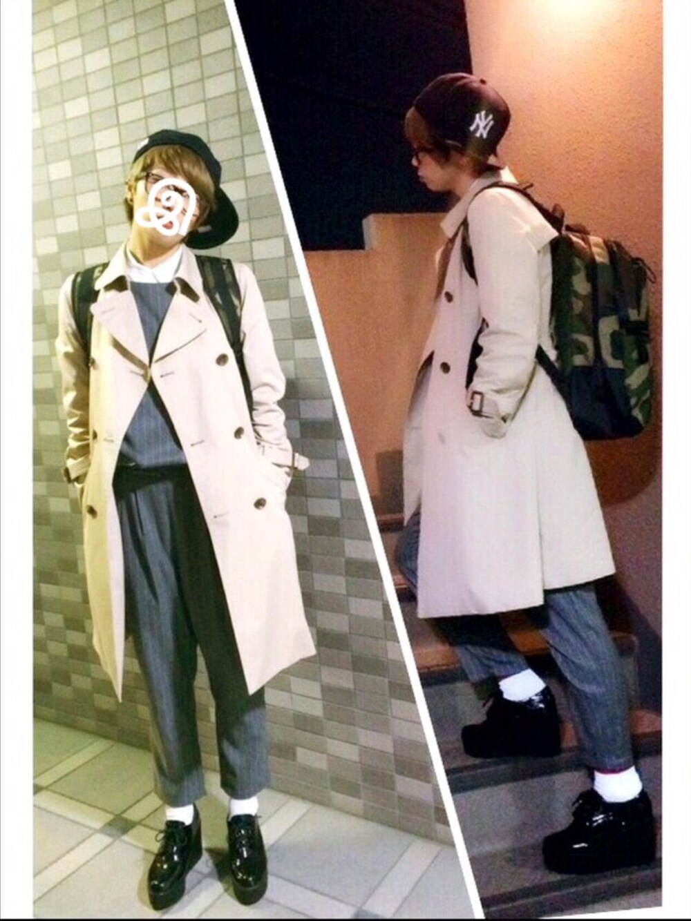 グレー系のサロペット/オーバーオール、ブラウン系のメガネ、ブラック系のキャップを着用したレディースの冬コーディネートの1枚目の写真