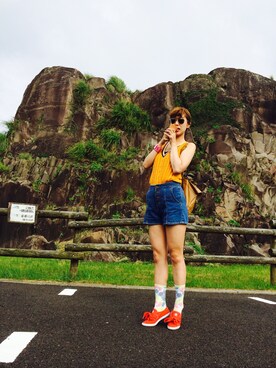 「古着屋さんのアイテム（ベスト、イエロー系）」を使った、あーちゃんさん（レディース・172cm）の夏コーディネート