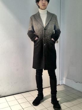 「NO ID.（ノーアイディ）のアイテム（チェスターコート）」を使った、HAGAさん（メンズ・173cm）の冬コーディネート