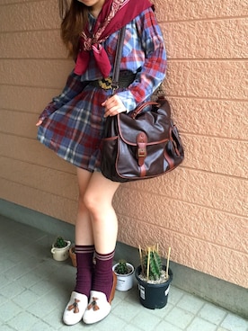 「チェックワンピース」｜「アイテム（財布/小物）」を使った、みみさん（レディース・153cm）の秋コーディネート
