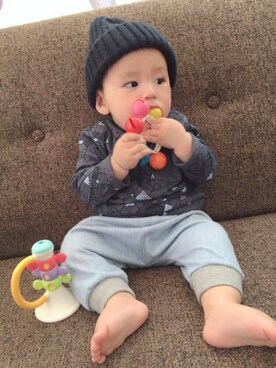 「アイテム（ロンパース、グリーン系）」を使った、Rio／Akariさん（キッズ・70cm）の秋コーディネート