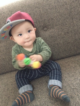 「アイテム（ロンパース、グリーン系）」を使った、Rio／Akariさん（キッズ・70cm）の秋コーディネート