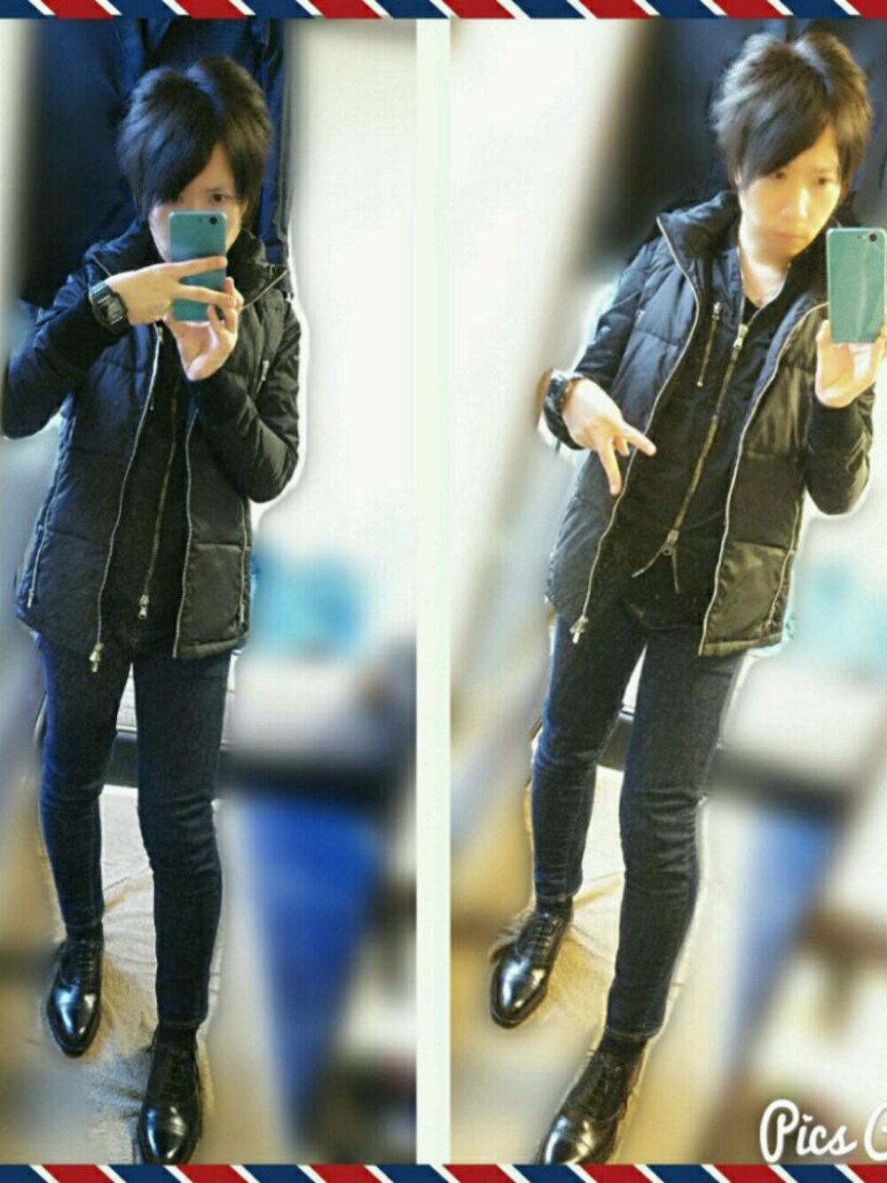 ブラック系のドレスシューズ、ブラック系のその他アウター、ブルー系のデニムパンツを着用したメンズの秋コーディネートの1枚目の写真