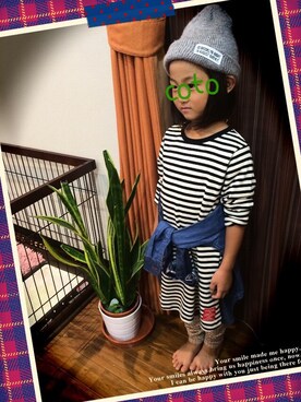 「LOWRYS FARM（ローリーズファーム）のアイテム（ニットキャップ/ビーニー、グレー系）」を使った、Tomonori Tobitaさん（キッズ）の秋コーディネート