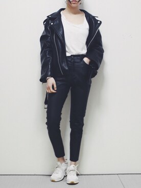 「ohotoro」｜「アイテム（ライダースジャケット）」を使った、ohotoroさん（レディース・164cm）の春コーディネート