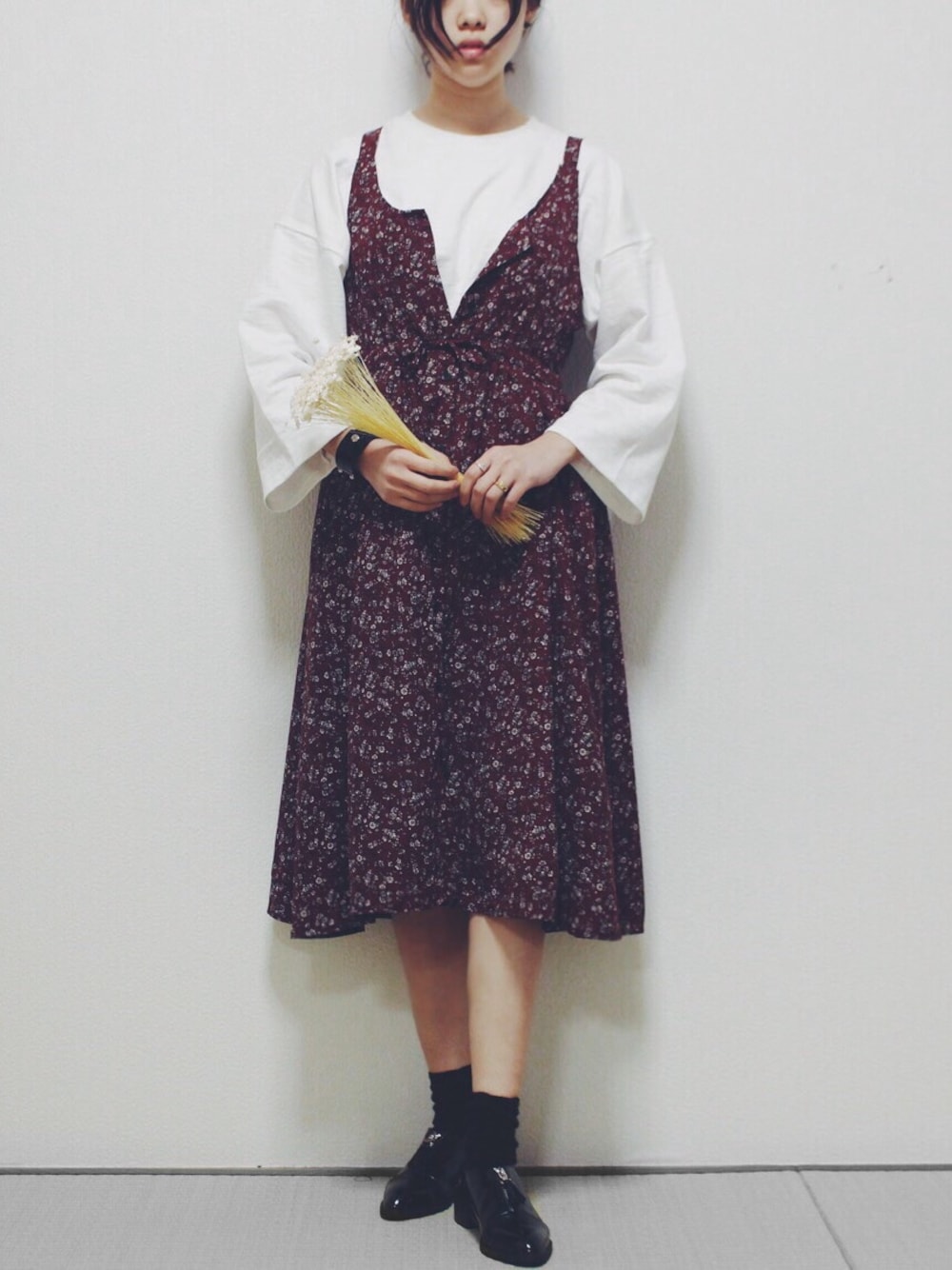 「ohotoro、ootd、ワンピース、ロングワンピース、ローファー×靴下、ローファー、花柄ワンピース、韓国ブランド、韓国、韓国ファッション」｜「OHOTOROのHeidi bottom op（ワンピース、レッド系）」を使った、ohotoroさん（レディース・164cm）の春コーディネートの1枚目の写真