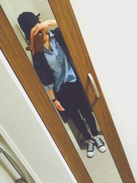 「UNIQLO（ユニクロ）のアイテム（その他パンツ、ブラック系）」を使った、ちゅん。さん（レディース・158cm）の春コーディネート