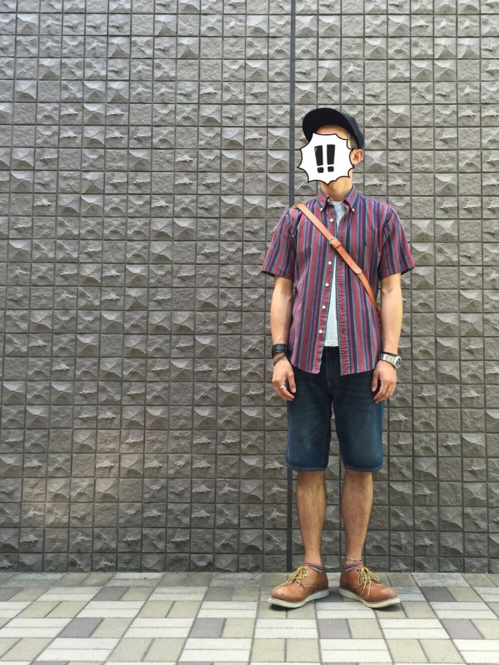 「キャップ、Tシャツ、Tシャツ×デニム、半袖シャツ、ラルフローレンシャツ、ハーフパンツ、デニムハーフパンツ、夏、レイヤードスタイル、ラフ」｜「NEW ERAのWEGO/9FIFTY NYベースボールキャップ（キャップ、ブラック系）」を使った、nabeさん（メンズ・171cm）の夏コーディネートの1枚目の写真