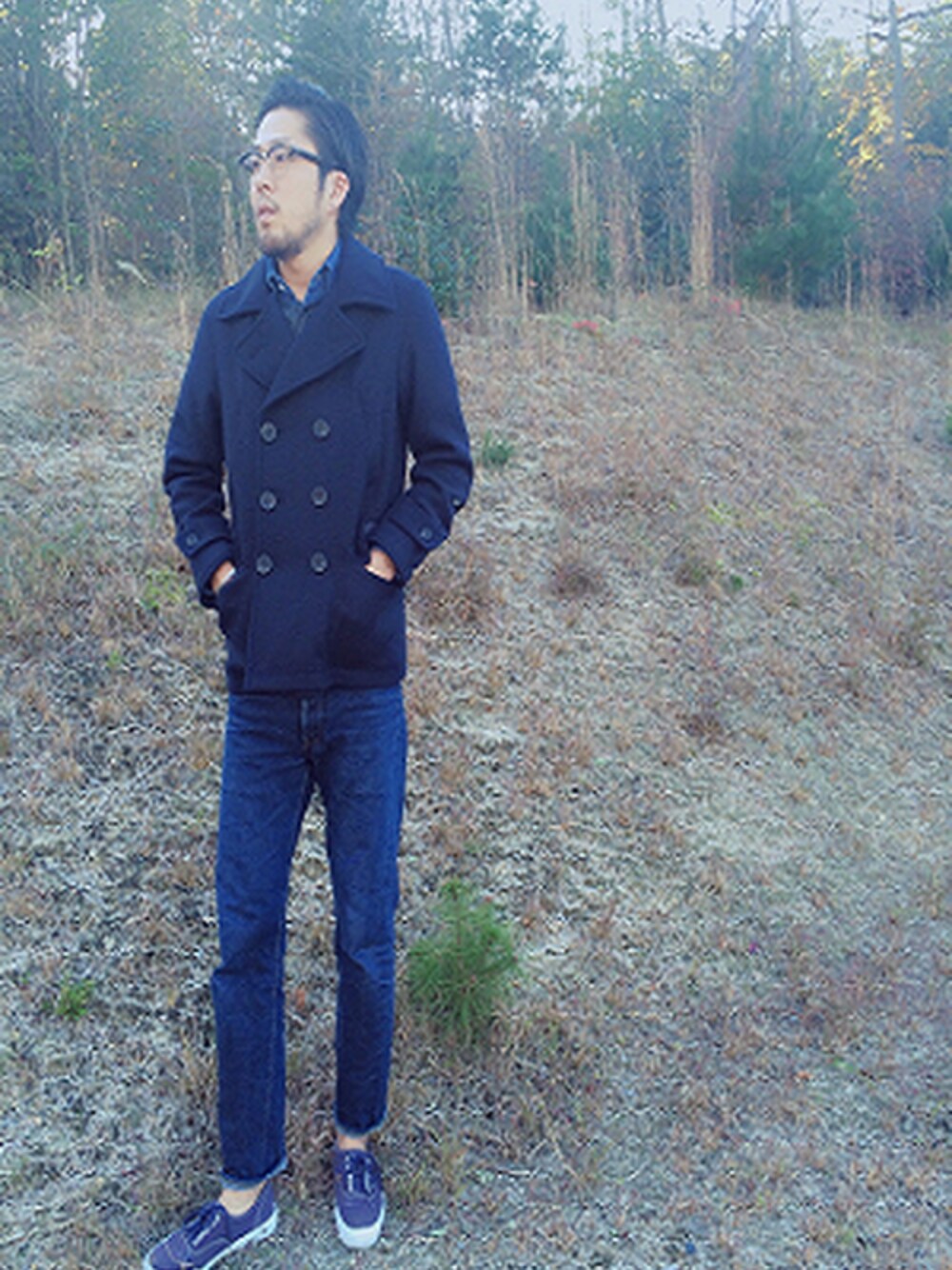 「＃デニム、#Pコート、＃Denime、#ドゥニーム、#PCOAT、#カルゼ、#66、#メルトン」｜「Denimeのカルゼピーコート（ピーコート、ブルー系）」を使った、yukiさん（メンズ・183cm）の秋コーディネートの1枚目の写真