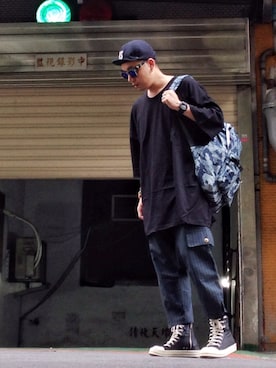 「DRKSHDW by RICK OWENS（ダークシャドウ バイ リックオウエンス）のアイテム（シューズ）」を使った、DJ Mykal a.k.a.林哲儀さん（メンズ・174cm）の夏コーディネート