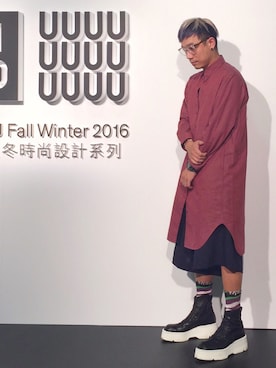 「アイテム（ブーティ）」を使った、DJ Mykal a.k.a.林哲儀さん（メンズ・174cm）の秋コーディネート