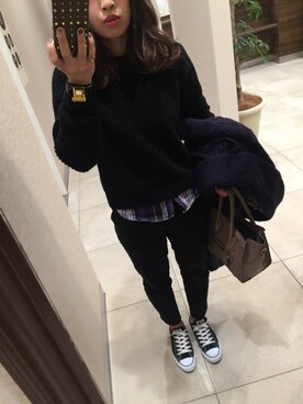 「黒ニット」｜airi0111xxさん（レディース・161cm）の冬コーディネート