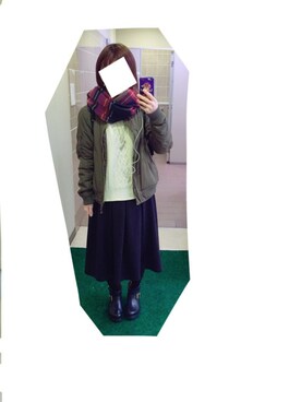 「チェックマフラー」｜「アイテム（ブルゾン）」を使った、tmmさん（レディース・156cm）の冬コーディネート