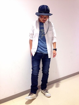 「TYPE BLUE（タイプブルー）のアイテム（Tシャツ/カットソー）」を使った、みなとみらいosamuさん（メンズ・163cm）の夏コーディネート