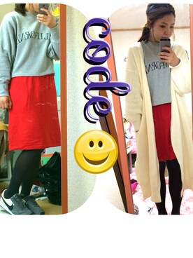 「ロングニット」｜「アイテム（その他アウター）」を使った、くぼりなさん（レディース・157cm）の春コーディネート