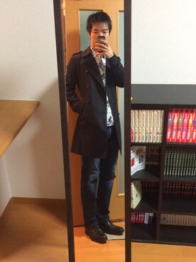 「NANO universe（ナノユニバース）のアイテム（トレンチコート、ブラック系）」を使った、Hirokiさん（メンズ・170cm）の秋コーディネート